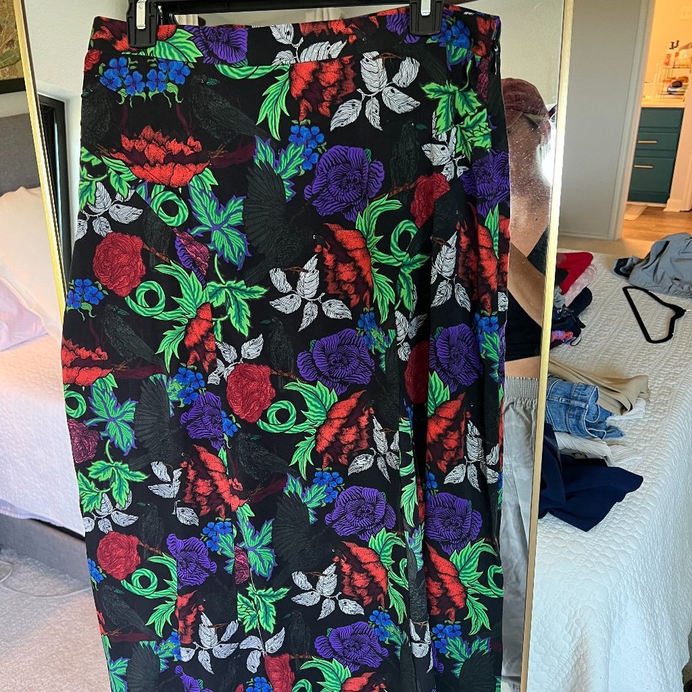 Topshop Midi Floral Bird Skirt High Slit A-line Full